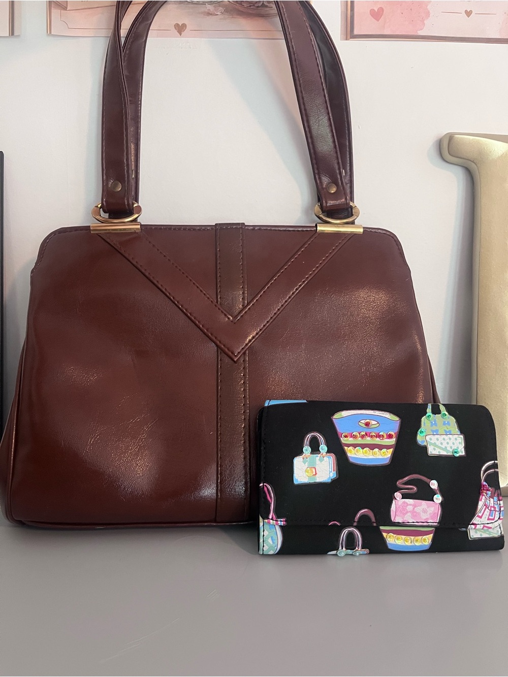 Vintage BEST Products Brown Leather Frame Handbag with wallet